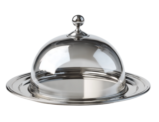 A reflective silver cloche covers a serving dish isolated on transparent background
