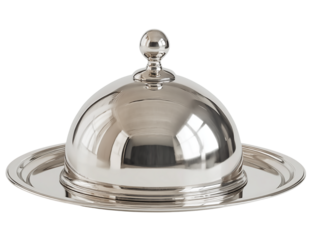 A polished silver cloche sits atop a matching platter isolated on transparent background