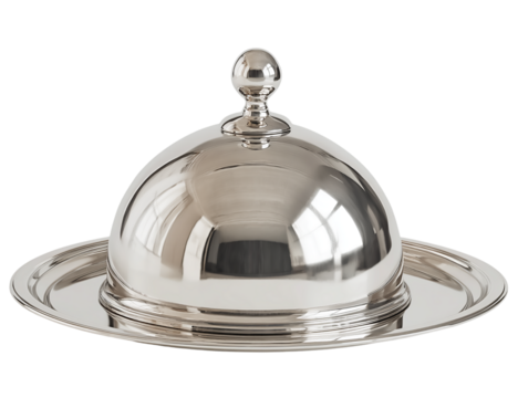 A polished silver cloche sits atop a matching platter isolated on transparent background