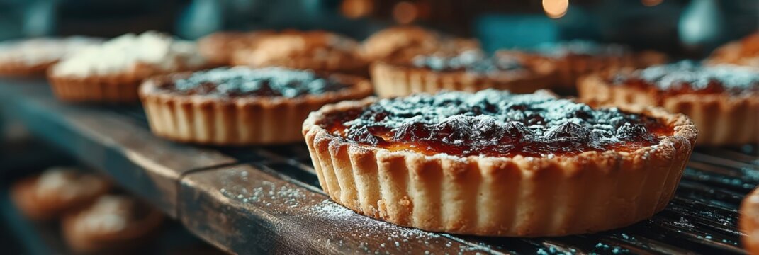 Delicious pastries cooling on a wooden rack in a cozy bakery during the morning hours with warm light