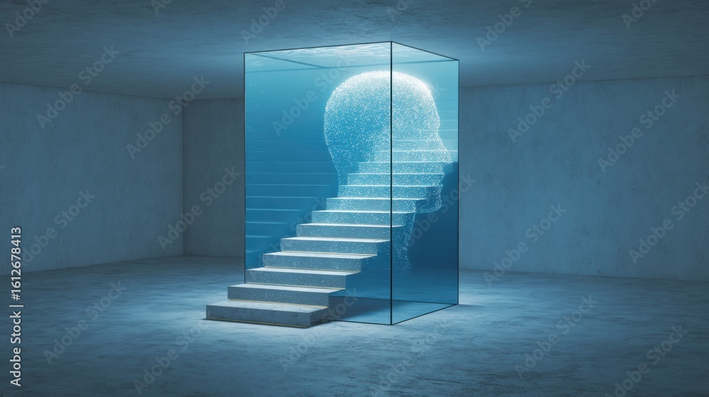 Poster glowing staircase leads upward inside transparent head structure illuminated in a serene environment