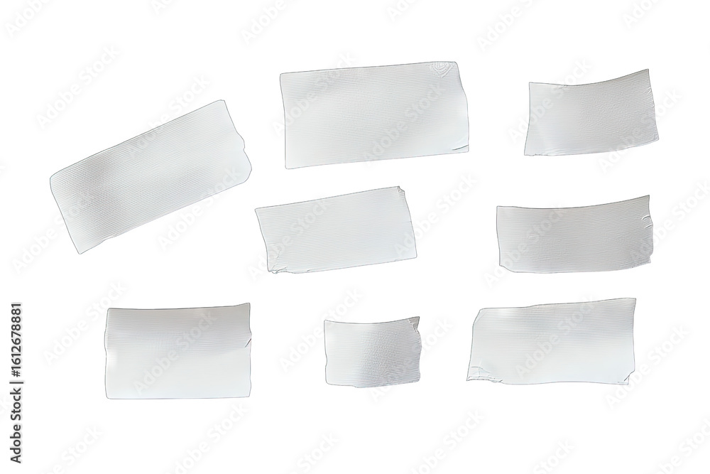 Poster eight pieces of white tape on a transparent background they are arranged in a random pattern