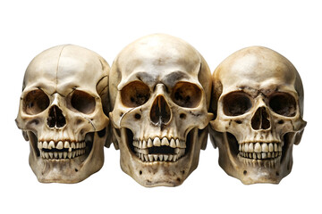Obraz premium Three human skulls are displayed in a row, isolated on a transparent background