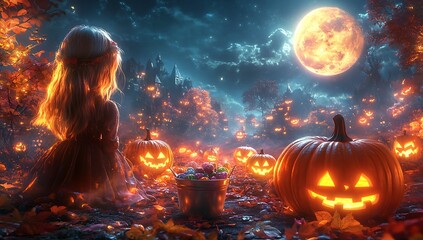 Girl in spooky forest with glowing jack o lanterns and full moon Halloween pumpkin