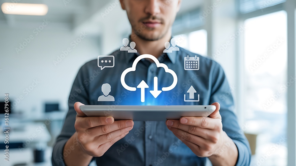 Poster man holding tablet with cloud computing icons technology
