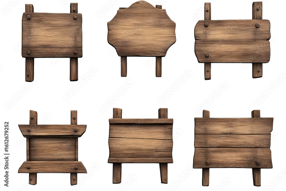 Poster six rustic wooden signs with various shapes and sizes isolated on transparent background perfect for