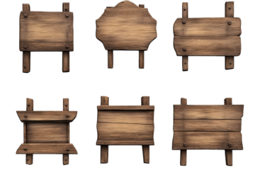 Six Rustic Wooden Signs With Various Shapes And Sizes Isolated On Transparent Background Perfect For Adding A Touch Of Old-world Charm To Your Design Projects