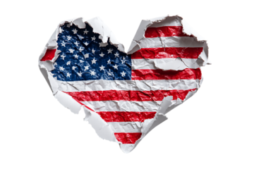 American flag heart shape emerging from torn paper isolated on transparent background