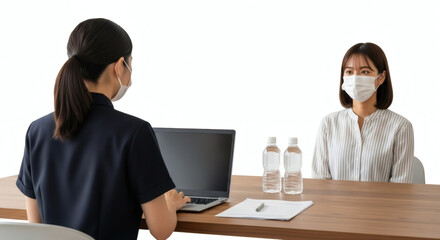 Two women wearing masks sit at a table, one using a laptop, the other facing her.