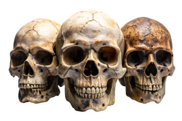 A group of three weathered human skulls are arranged closely together, isolated on a transparent background