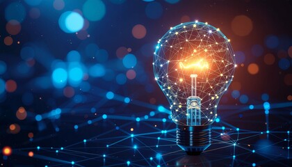 Glowing lightbulb made of network nodes over digital grid with bright background