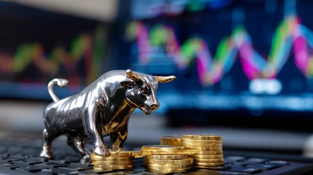 A silver bull statue sits next to a stack of gold coins with stock market graph in the background, investment, finance