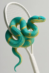 Obraz premium Striking juxtaposition: A colorful serpent coils around a tennis racket, blending danger and sport in a captivating artistic shot.