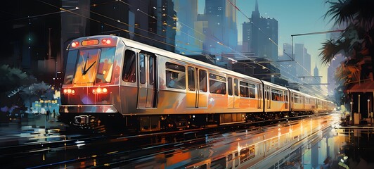 Fototapeta premium The train gliding on the elevated tracks has a streamlined body with vividly lit LED lights,, Generative AI