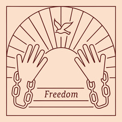 Obraz premium Chained Hands Reaching for Freedom with a Dove and Rising Sun