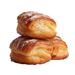 Stack of three flaky pastries, dusted with powdered sugar.  Golden-brown, layered dough, light yellow filling visible