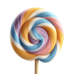 Close up of a colorful spiral lollipop on a stick against black background isolated on transparent background