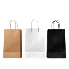 Three shopping bags in brown white and black isolated on transparent background