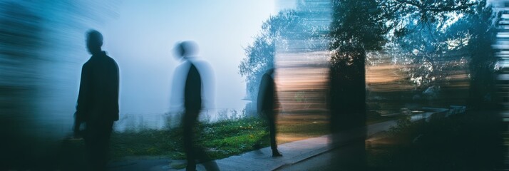 Silhouettes of people walking in a foggy landscape at dawn near a body of water