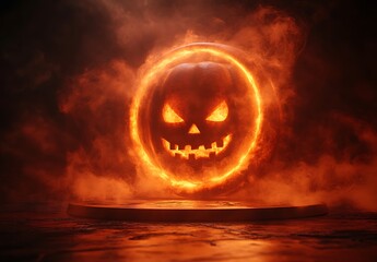 Glowing Jack O Lantern Halloween Pumpkin Surrounded by Fiery Smoke spooky scary