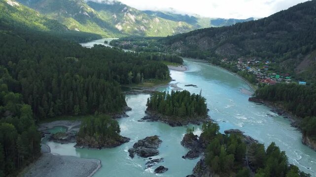 Mountain river with islands and rocks. Drone view. Altai