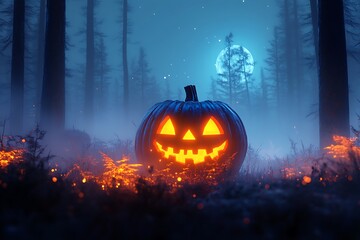 Fototapeta premium Glowing Jack O Lantern in a misty forest at night with full moon halloween pumpkin