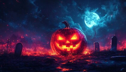 Naklejka premium Glowing Jack O Lantern in a Spooky Cemetery Under a Full Moon halloween pumpkin 1