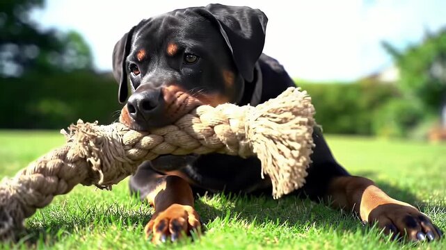 Rottweiler Puppy Dog with Tan Accents playing Tug Of War with a Rope Toy on Vibrant Green Grass Lawn