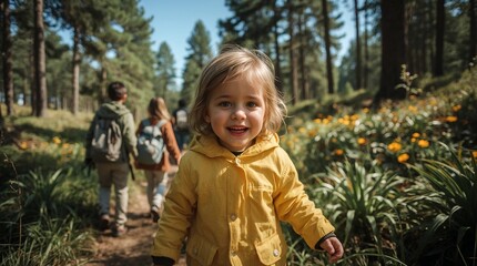 A young child in a yellow coat leads the way during a family hike in nature, exuding excitement and curiosity as they explore the outdoors on a bright, sunny day. 