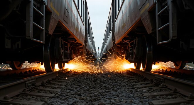 Sparks fly from train wheels braking on a railway track. A dramatic, low-angle view of industrial transport, showing power, friction, and motion