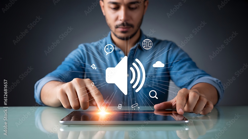 Poster man using tablet with sound and social media icons speaker volume