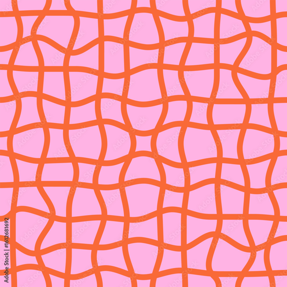 Poster seamless pattern of curved checkered lines on a pink background. twisted checkered wavy texture. pin