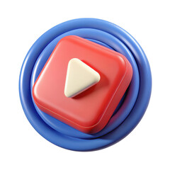 3d render of a red play button icon on blue concentric circles isolated on transparent background
