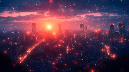 Fototapeta premium Cityscape sunset skyline evening view