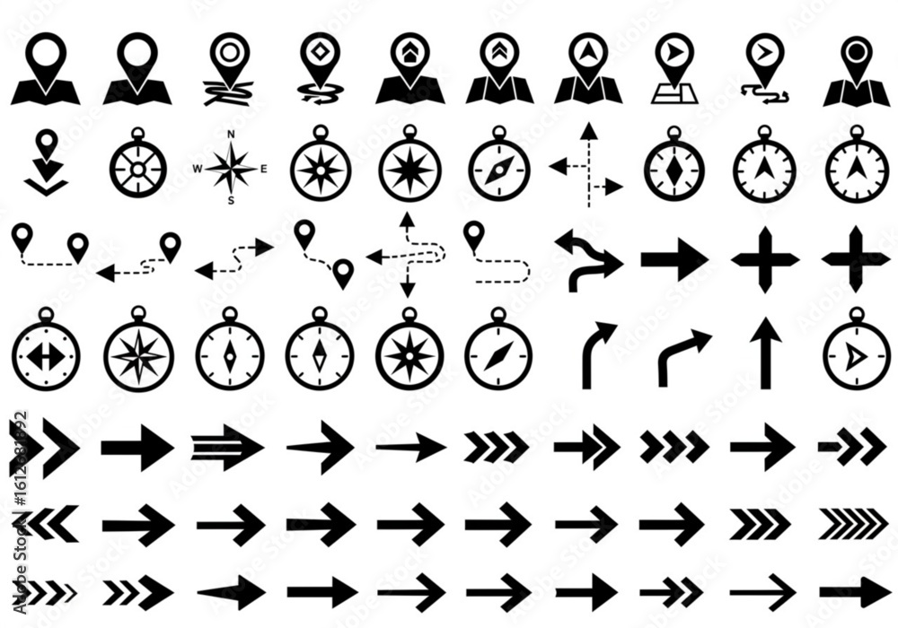 Poster collection of navigation icons including maps compasses and arrows