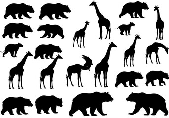 Collection of black bear and giraffe silhouettes on white background