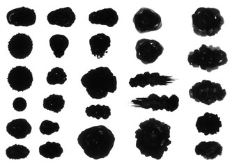 Collection of black ink splatters and brush strokes on white background