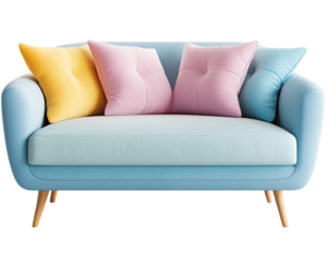 Light blue couch with colorful pillows