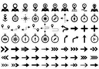 Collection of navigation icons including maps compasses and arrows