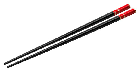 Two black chopsticks with red accents isolated on transparent background