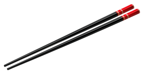 Two black chopsticks with red accents isolated on transparent background