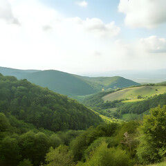 Fototapeta premium Lush green valley with rolling hills creating serene pastoral landscape under cloudy sky