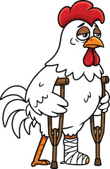 Funny injured cartoon chicken using crutches, wrapped foot, tired expression, animal character illustration, humorous bird, vector clipart, farm animal art