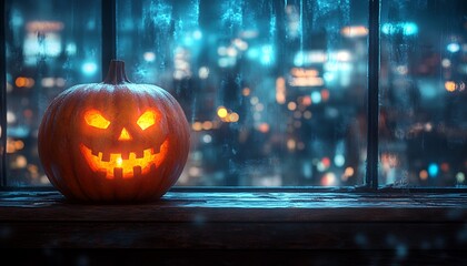 Fototapeta premium Glowing Jack O Lantern on Wooden Ledge Against Rainy City Night halloween pumpkin