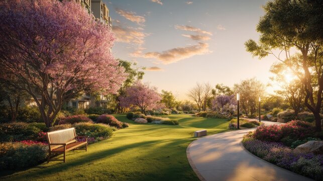 Lush park with blooming pink cherry blossom trees walking path benches green grass vibrant flowers at sunset - Powered by Adobe
