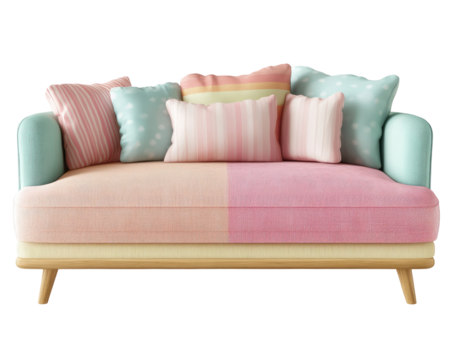 Pastel-colored sofa with patterned cushions
