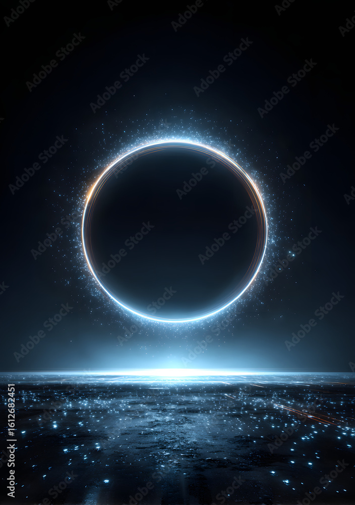 Poster blue background showcases digital circle abstract tech elements minimalist setting surrounded empty