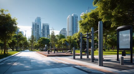 Modern urban park with fitness equipment and walking path surrounded by tall skyscrapers under clear blue sky du daytime