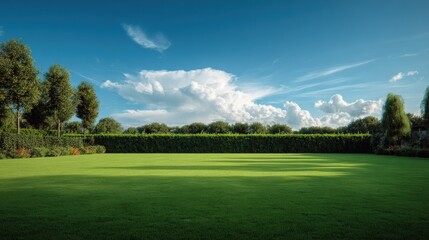 Expansive lush green golf course with well-maintained grass surrounded by trees under blue sky with white clouds in daytime