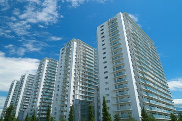 Modern high-rise residential apartment buildings in sunny cityscape with clear blue sky and contemporary architectural design